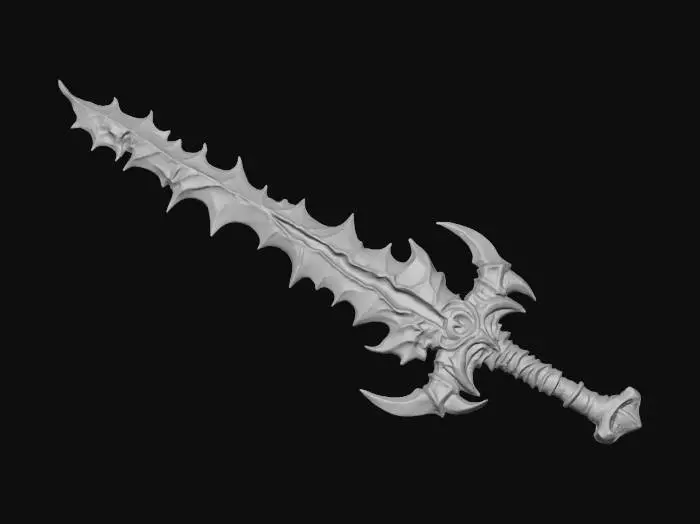 3D model for A dark, soul demonic long greatsword irregular and strange shape of blade , forged of jagged black metal with flame-yellow like pattern glowing cracks. Its blade is serrated and spiked. The guard is circular with sharp outward thorns, radiating sinister energy. Edges burn with ruby-like glow, exuding a cursed, otherworldly presence.