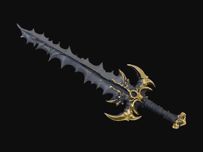 3D model for A dark, soul demonic long greatsword irregular and strange shape of blade , forged of jagged black metal with flame-yellow like pattern glowing cracks. Its blade is serrated and spiked. The guard is circular with sharp outward thorns, radiating sinister energy. Edges burn with ruby-like glow, exuding a cursed, otherworldly presence.