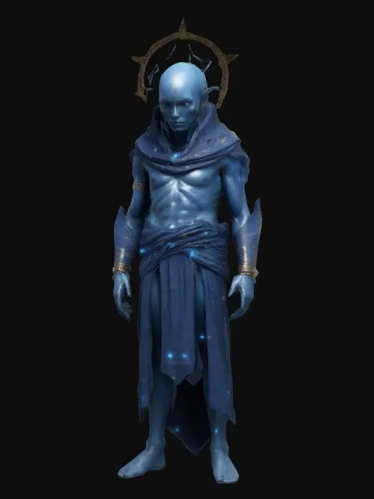 3D model for Humanoid and at the same time alien looking sentinel of void, fyzical representation and vizualization of neutron star in humanic form, clothing inspired by ancient greek fashion, the god of space and time. Highly Detailed 