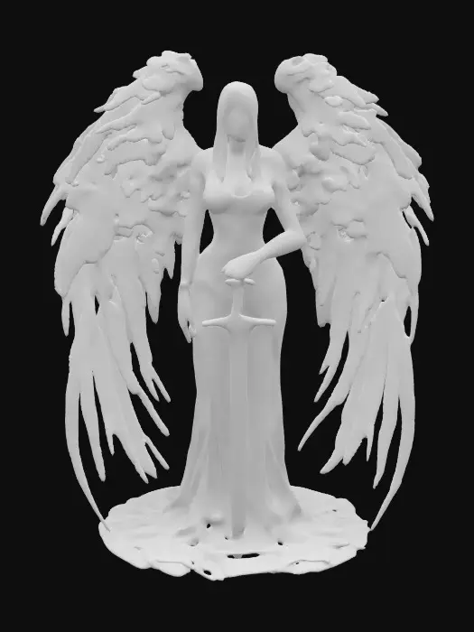 3D model for Sexy woman with black hair. the woman has rotten and decimated Seraphim wings, her skin has cracks, she holds very long thin and sleek sword
