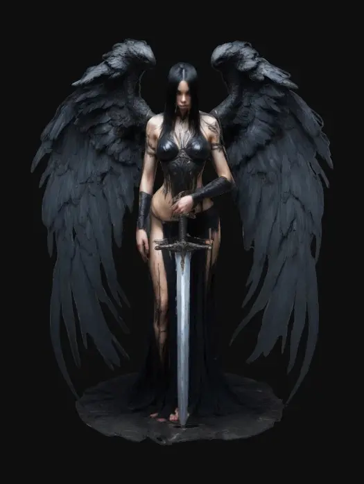 3D model for Sexy woman with black hair. the woman has rotten and decimated Seraphim wings, her skin has cracks, she holds very long thin and sleek sword