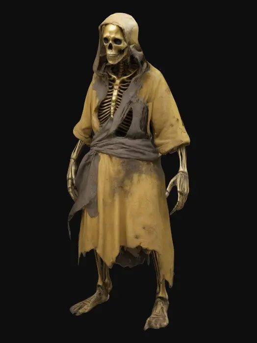 3D model for A humanoid skeletal tyrant with dirty gold color rugged clothes he has human decayed face. 