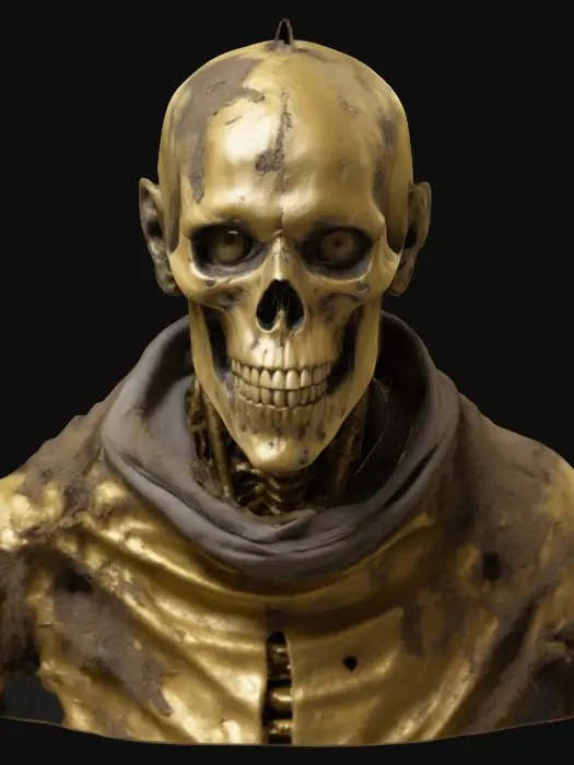3D model for A humanoid skeletal tyrant with dirty gold color rugged clothes he has human decayed face. 