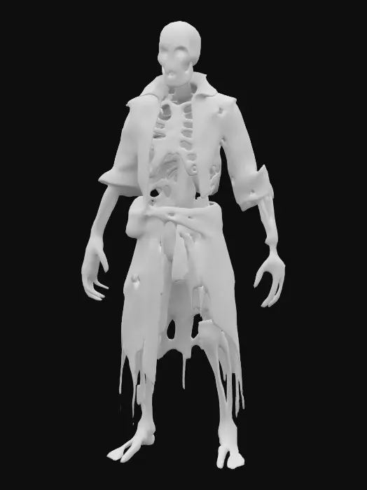 3D model for A humanoid skeletal tyrant with dirty gold color rugged clothes he has human decayed face. 