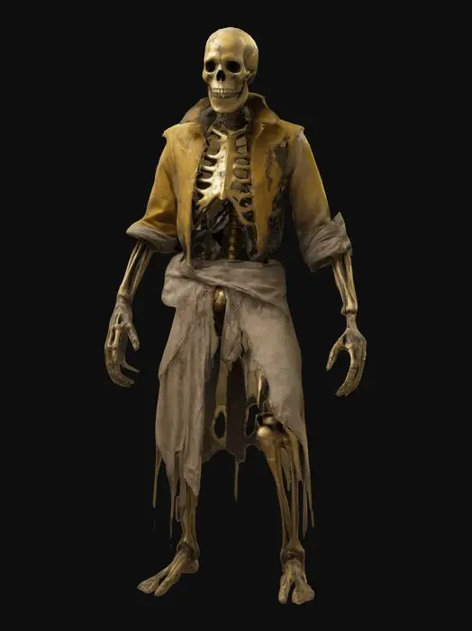3D model for A humanoid skeletal tyrant with dirty gold color rugged clothes he has human decayed face. 