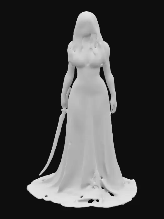 3D model for A sexy cultic woman, witch with scratched out eyes, a few red and gold wraps around a body, holding a thin curved sleek blade.