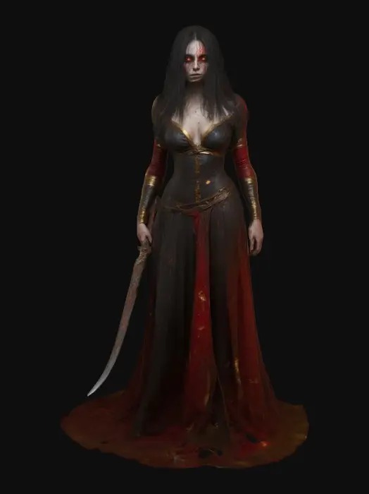 3D model for A sexy cultic woman, witch with scratched out eyes, a few red and gold wraps around a body, holding a thin curved sleek blade.