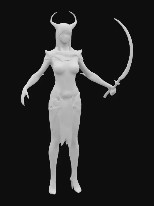 3D model for A sexy cultic woman, witch with scratched out eyes, a few red and gold wraps around a body, holding a thin curved sleek blade.