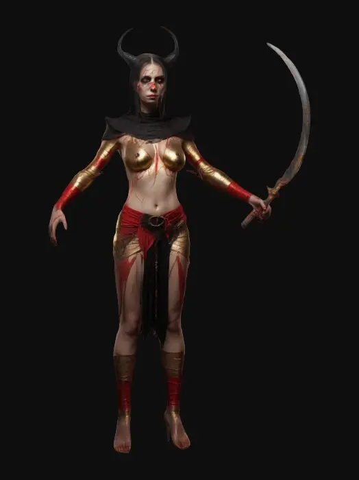3D model for A sexy cultic woman, witch with scratched out eyes, a few red and gold wraps around a body, holding a thin curved sleek blade.