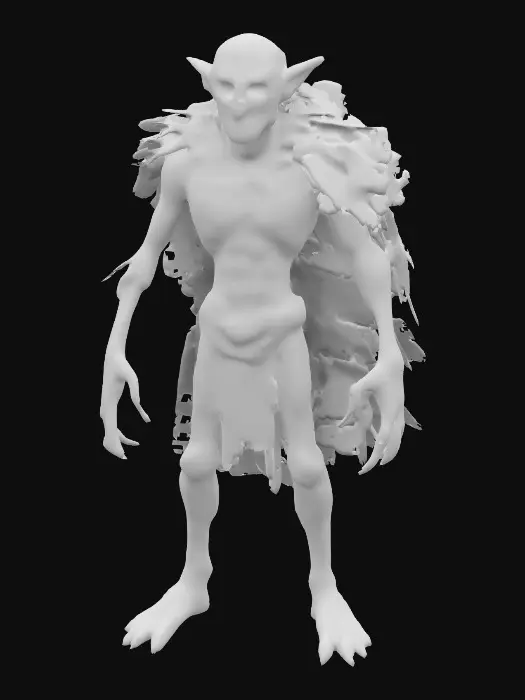 3D model for A bony humanoid troll/giant with decaying flesh and skin, he has black and gray rugged feathery cape, no hood, overgrown by decay. 