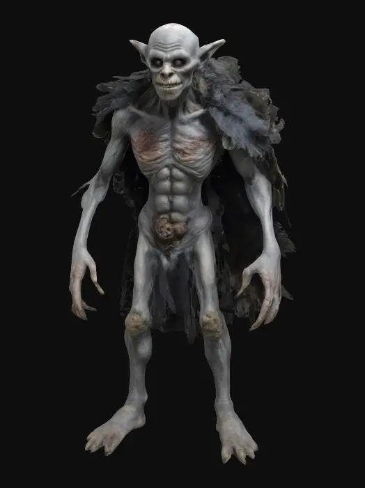 3D model for A bony humanoid troll/giant with decaying flesh and skin, he has black and gray rugged feathery cape, no hood, overgrown by decay. 