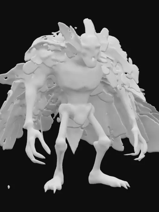 3D model for A bony humanoid troll/giant with decaying flesh and skin, he has black and gray rugged feathery cape, no hood, overgrown by decay. 
