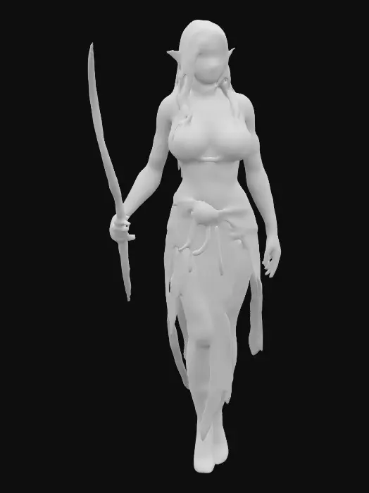 3D model for A sexy cultic woman, witch with scratched out eyes, a few red and gold wraps around a body, holding a thin curved sleek blade.