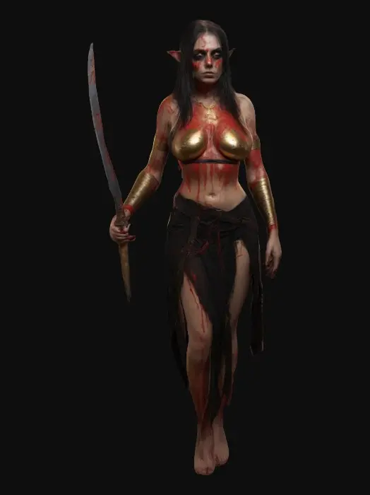 3D model for A sexy cultic woman, witch with scratched out eyes, a few red and gold wraps around a body, holding a thin curved sleek blade.