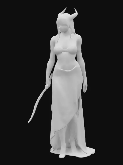 3D model for A sexy cultic woman, witch with scratched out eyes, a few red and gold wraps around a body, holding a thin curved sleek blade.