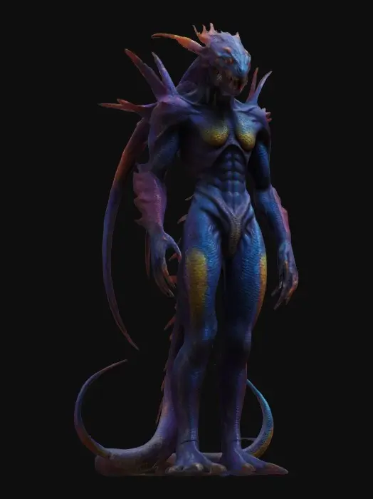 3D model for Humanoid sentinel representing abyssal serpent, vivid colors, highly detailed,
