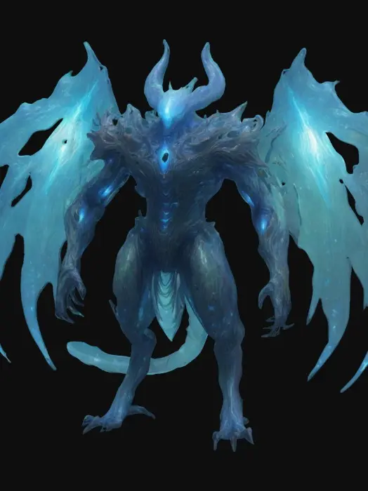 3D model for “A towering bioluminescent creature with crystalline armor plates and glowing veins pulsing with energy. Its elongated limbs end in razor-sharp claws, and its multiple eyes shift colors as it scans its alien surroundings. Guardian of ethereal gates