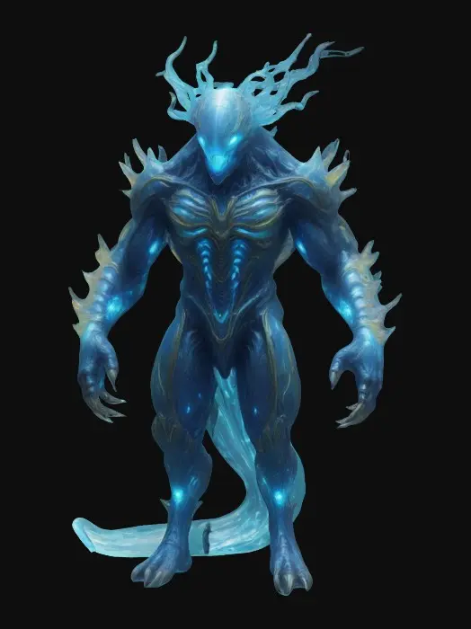 3D model for “A towering bioluminescent creature with crystalline armor plates and glowing veins pulsing with energy. Its elongated limbs end in razor-sharp claws, and its multiple eyes shift colors as it scans its alien surroundings. Guardian of ethereal gates