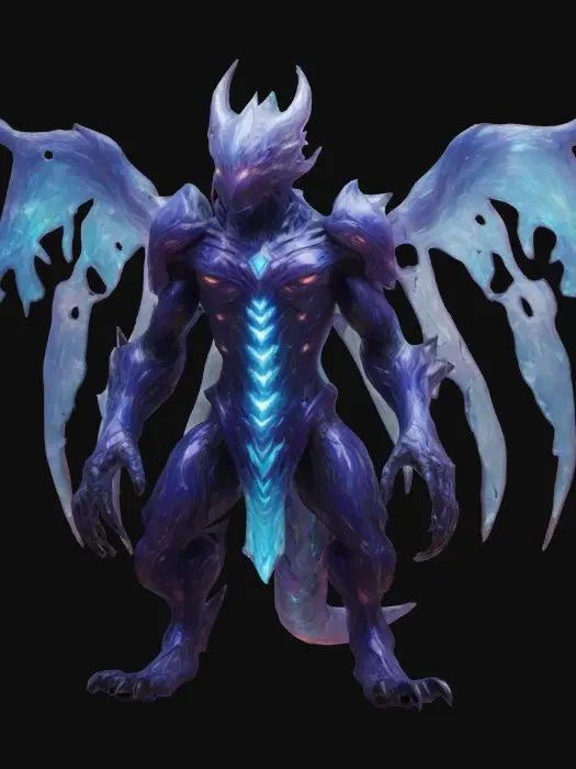 3D model for “A towering creature with crystalline armor plates and glowing veins pulsing with energy. Its elongated limbs end in razor-sharp claws, and has multiple eyes. Guardian of ethereal gates, darker vivid colors 