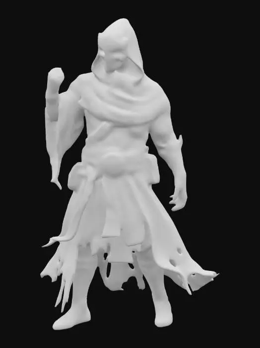 3D model for A lone warrior draped in tattered, enchanted robes that shimmer like liquid moonlight. Their face is hidden beneath an ornate mask, carved with ancient runes that pulse softly with arcane energy