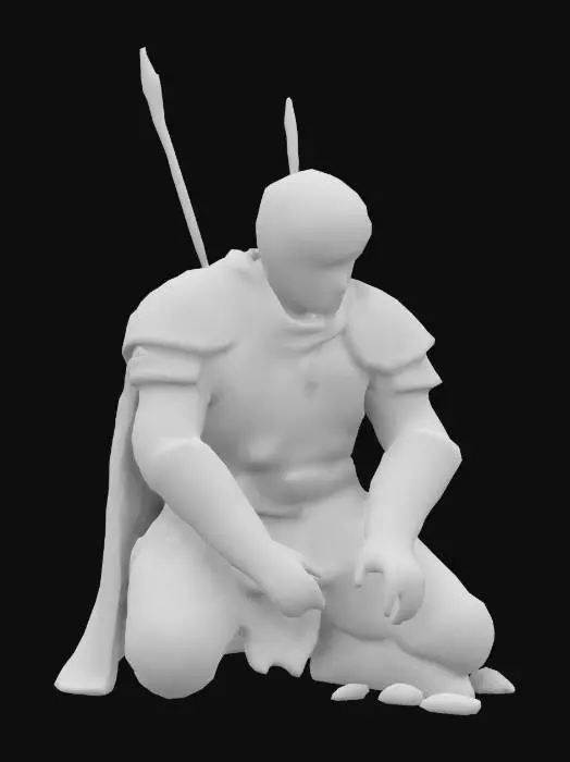 3D model for kneeling fantasy knight in desperation with arrows in his back, last moments before death, dying moment, dark fantasy rusted dirty battle scarred armor with dark cape,