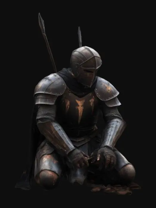 3D model for kneeling fantasy knight in desperation with arrows in his back, last moments before death, dying moment, dark fantasy rusted dirty battle scarred armor with dark cape,