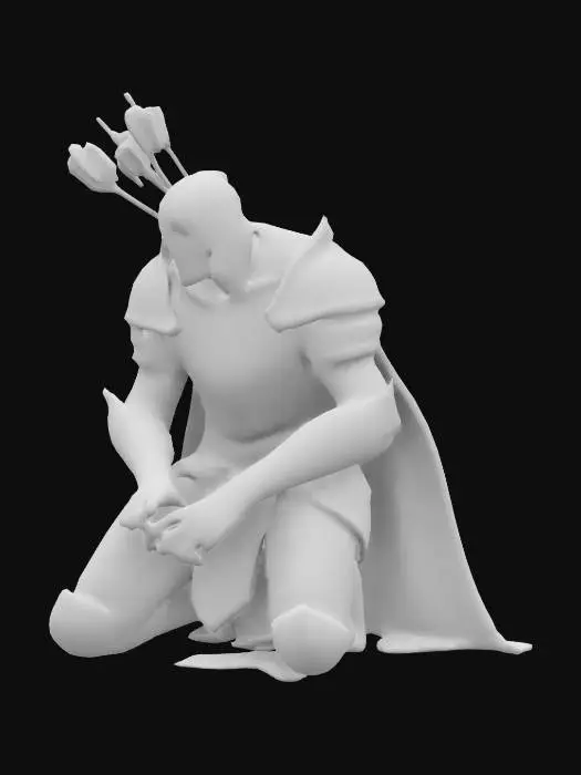3D model for kneeling fantasy knight in desperation with arrows in his back, last moments before death, dying moment, dark fantasy rusted dirty battle scarred armor with dark cape,
