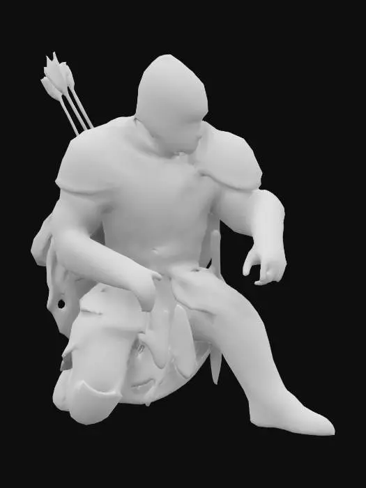 3D model for kneeling fantasy knight in desperation with arrows in his back, last moments before death, dying moment, dark fantasy rusted dirty battle scarred armor with dark cape,