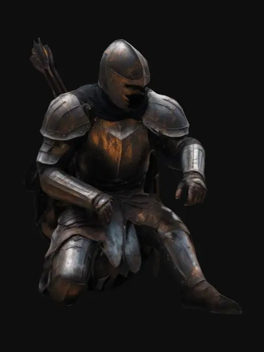 3D model for kneeling fantasy knight in desperation with arrows in his back, last moments before death, dying moment, dark fantasy rusted dirty battle scarred armor with dark cape,