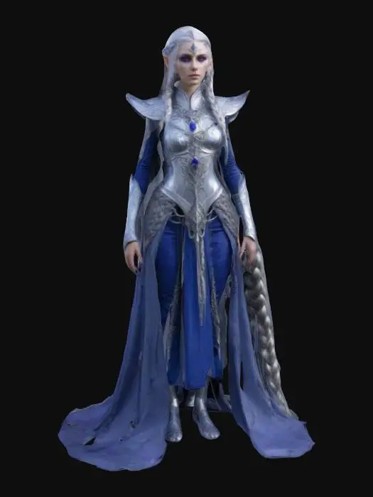 3D model for A regal, elven warlord clad in shimmering silver and sapphire armor, their long, braided hair crowned with a delicate yet unyielding circlet. Their piercing violet eyes hold the wisdom of centuries, and their presence commands both awe and reverence
