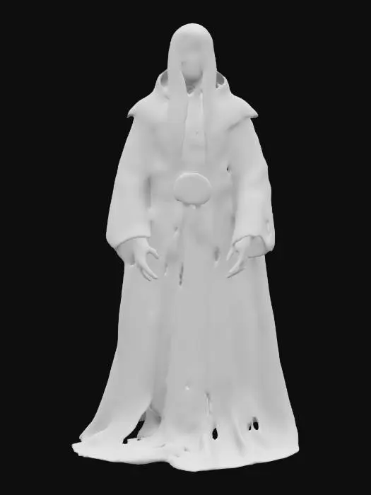 3D model for A warlock with ashen-gray skin and glowing, ember-like eyes, clad in dark robes embroidered with shifting arcane symbols. Their long, silver hair