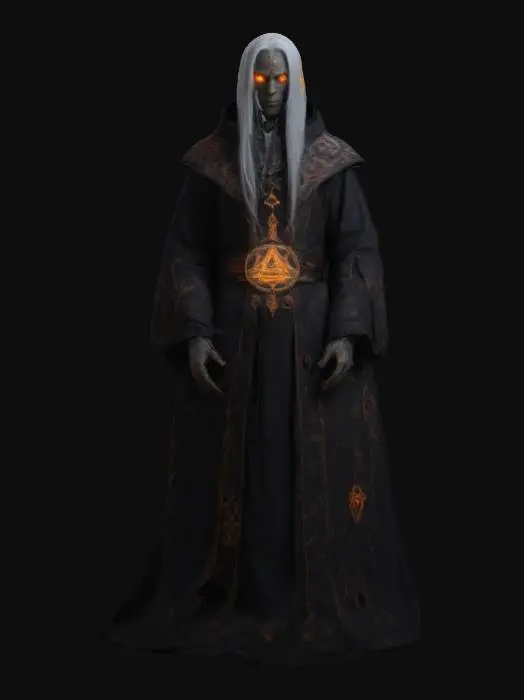 3D model for A warlock with ashen-gray skin and glowing, ember-like eyes, clad in dark robes embroidered with shifting arcane symbols. Their long, silver hair