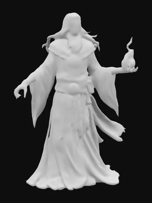 3D model for A warlock with ashen-gray skin and glowing, ember-like eyes, clad in dark robes embroidered with shifting arcane symbols. Their long, silver hair