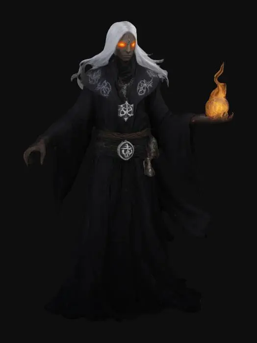 3D model for A warlock with ashen-gray skin and glowing, ember-like eyes, clad in dark robes embroidered with shifting arcane symbols. Their long, silver hair