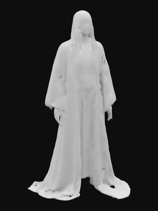 3D model for A warlock with ashen-gray skin and glowing, ember-like eyes, clad in dark robes embroidered with shifting arcane symbols. Their long, silver hair