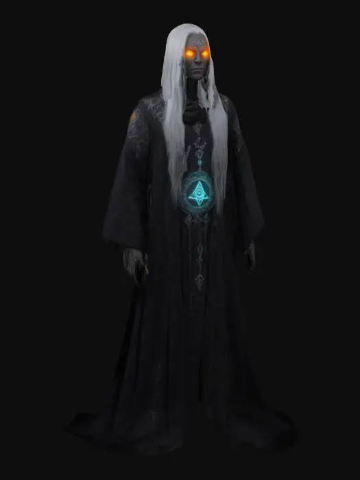 3D model for A warlock with ashen-gray skin and glowing, ember-like eyes, clad in dark robes embroidered with shifting arcane symbols. Their long, silver hair