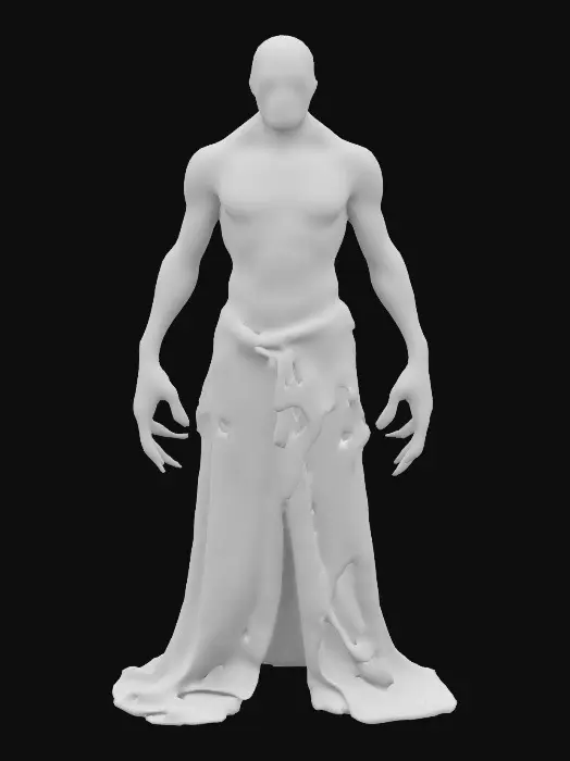 3D model for A towering, otherworldly being with translucent, semi-biomechanical skin that reveals a network of glowing veins and dark, shifting shadows within. Its elongated skull is adorned with intricate, ancient runes that pulse with eerie energy. Sharp, obsidian-like claws extend from its fingers, crackling with a mix of eldritch magic. A flowing, tattered cloak of living darkness. Its glowing, abyssal eyes pierce through the void,