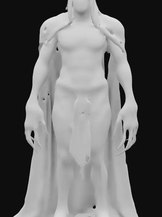 3D model for A towering, otherworldly being with translucent, semi-biomechanical skin that reveals a network of glowing veins and dark, shifting shadows within. Its elongated skull is adorned with intricate, ancient runes that pulse with eerie energy. Sharp, obsidian-like claws extend from its fingers, crackling with a mix of eldritch magic. A flowing, tattered cloak of living darkness. Its glowing, abyssal eyes pierce through the void,