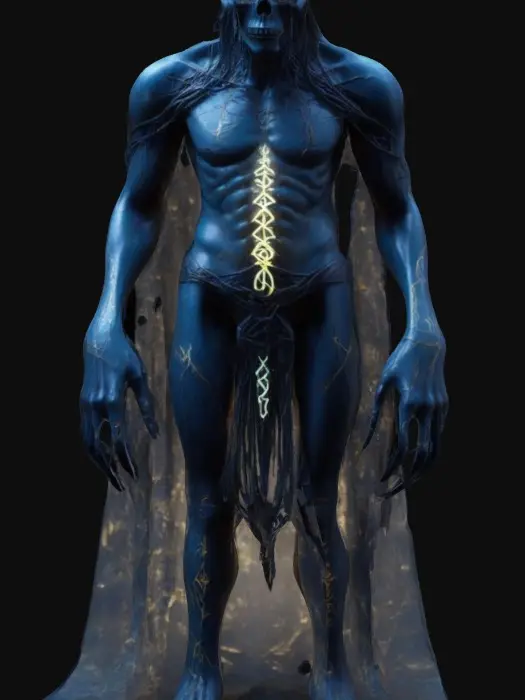 3D model for A towering, otherworldly being with translucent, semi-biomechanical skin that reveals a network of glowing veins and dark, shifting shadows within. Its elongated skull is adorned with intricate, ancient runes that pulse with eerie energy. Sharp, obsidian-like claws extend from its fingers, crackling with a mix of eldritch magic. A flowing, tattered cloak of living darkness. Its glowing, abyssal eyes pierce through the void,
