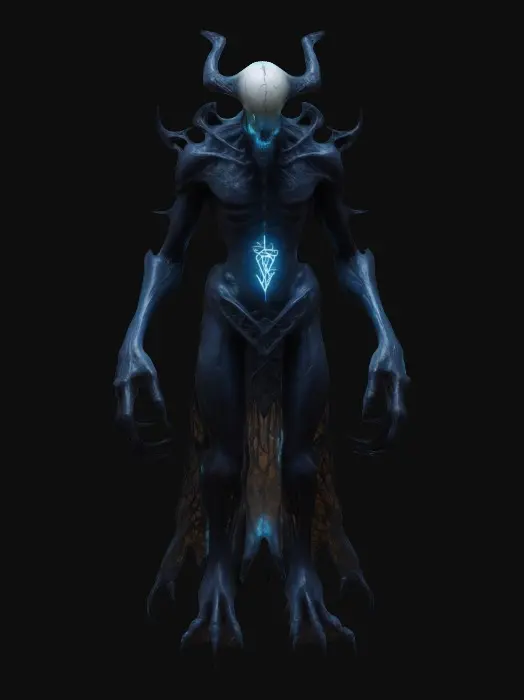 3D model for A towering, otherworldly being with translucent, semi-biomechanical skin that reveals a network of glowing veins and dark, shifting shadows within. Its elongated skull is adorned with intricate, ancient runes that pulse with eerie energy. Sharp, obsidian-like claws extend from its fingers, crackling with a mix of eldritch magic. A flowing, tattered cloak of living darkness. Its glowing, abyssal eyes pierce through the void,