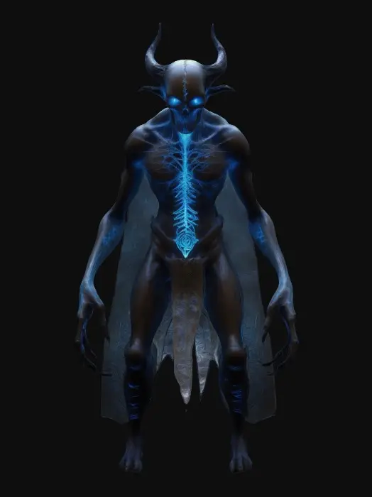 3D model for A towering, otherworldly being with translucent, semi-biomechanical skin that reveals a network of glowing veins and dark, shifting shadows within. Its elongated skull is adorned with intricate, ancient runes that pulse with eerie energy. Sharp, obsidian-like claws extend from its fingers, crackling with a mix of eldritch magic. A flowing, tattered cloak of living darkness. Its glowing, abyssal eyes pierce through the void,