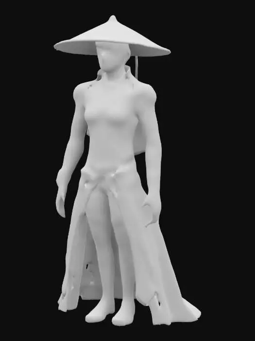 3D model for A lone figure stands motionless, clad in  jet-black bodysuit. A sugegasa, rests atop their head. Their attire is minimalist yet purposeful—layered, fitted fabric reinforced with subtle armor plating, free of excess ornamentation. A long, dark coat drapes over their shoulders.