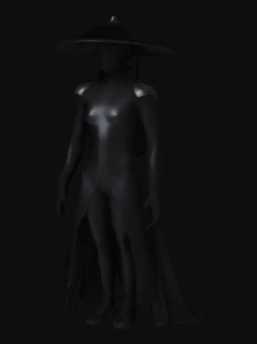 3D model for A lone figure stands motionless, clad in  jet-black bodysuit. A sugegasa, rests atop their head. Their attire is minimalist yet purposeful—layered, fitted fabric reinforced with subtle armor plating, free of excess ornamentation. A long, dark coat drapes over their shoulders.
