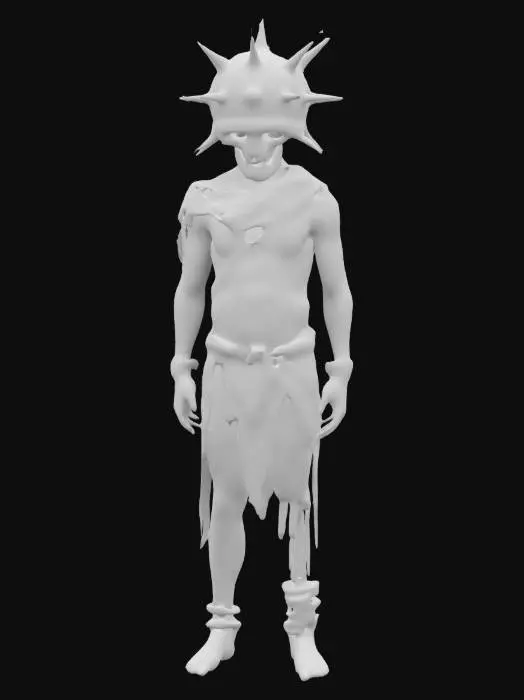 3D model for A half naked prisoner with decaying skin with big metalic ball instead of his head, the ball has small holes and spikes coming out. Light tattered/rugged dark clothing, he has shackles on his leg. Dark fantasy style with goth-core. 