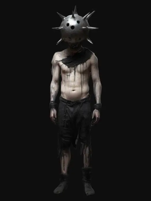 3D model for A half naked prisoner with decaying skin with big metalic ball instead of his head, the ball has small holes and spikes coming out. Light tattered/rugged dark clothing, he has shackles on his leg. Dark fantasy style with goth-core. 