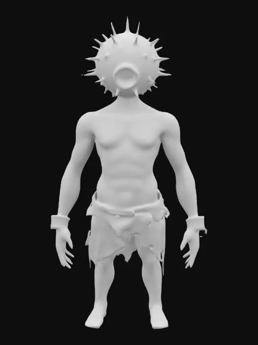 3D model for A half naked prisoner with decaying skin with big metalic ball instead of his head, the ball has small holes and spikes coming out. Light tattered/rugged dark clothing, he has shackles on his leg. Dark fantasy style with goth-core. 