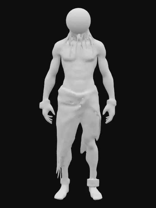3D model for A half naked prisoner with decaying skin with big metalic ball instead of his head, the ball has small holes and spikes coming out. Light tattered/rugged dark clothing, he has shackles on his leg. Dark fantasy style with goth-core. 