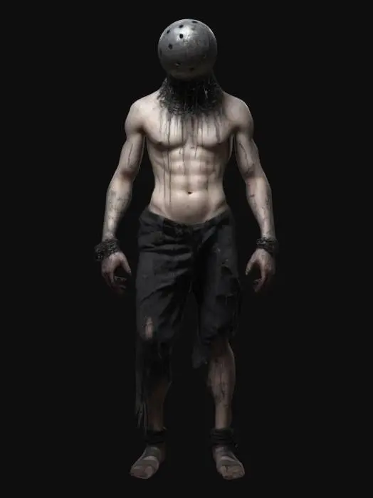 3D model for A half naked prisoner with decaying skin with big metalic ball instead of his head, the ball has small holes and spikes coming out. Light tattered/rugged dark clothing, he has shackles on his leg. Dark fantasy style with goth-core. 