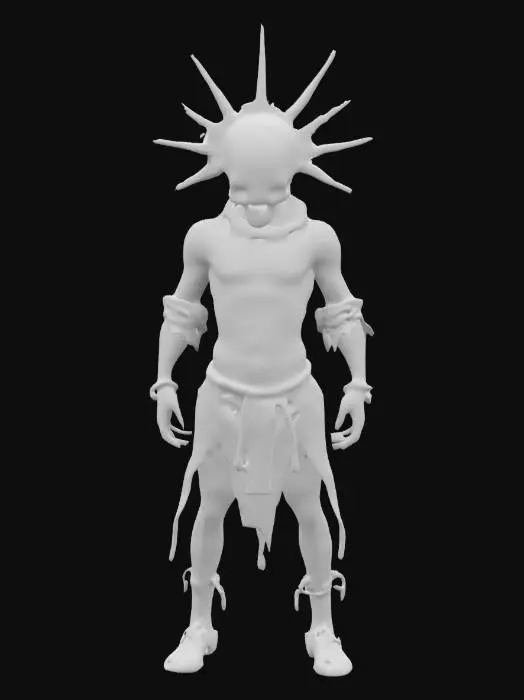3D model for A half naked prisoner with decaying skin with big metalic ball instead of his head, the ball has small holes and spikes coming out. Light tattered/rugged dark clothing, he has shackles on his leg. Dark fantasy style with goth-core. 