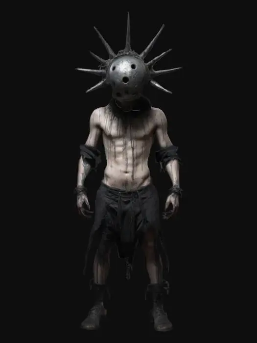 3D model for A half naked prisoner with decaying skin with big metalic ball instead of his head, the ball has small holes and spikes coming out. Light tattered/rugged dark clothing, he has shackles on his leg. Dark fantasy style with goth-core. 